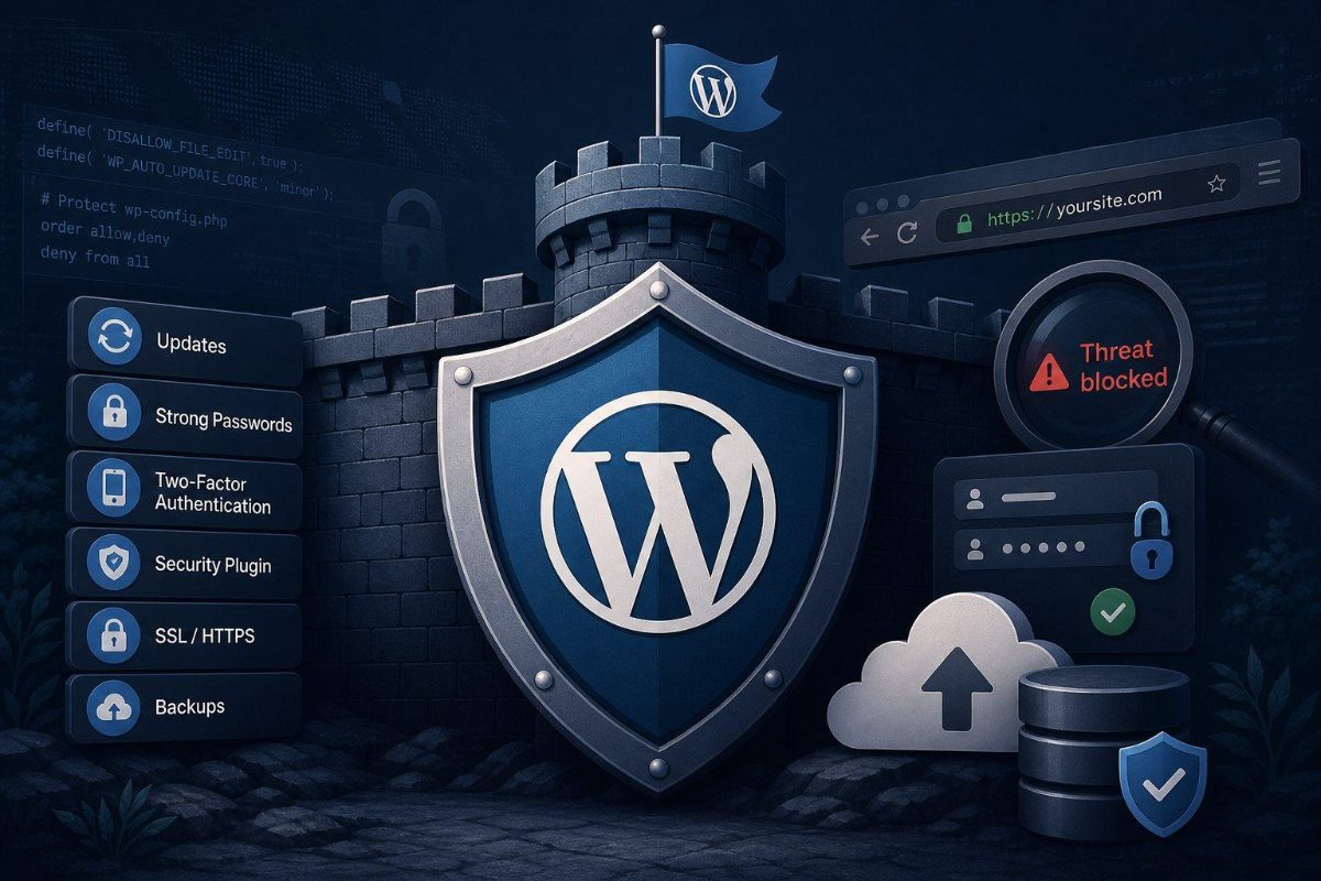 WordPress security layers: updates, passwords, 2FA, SSL and backups