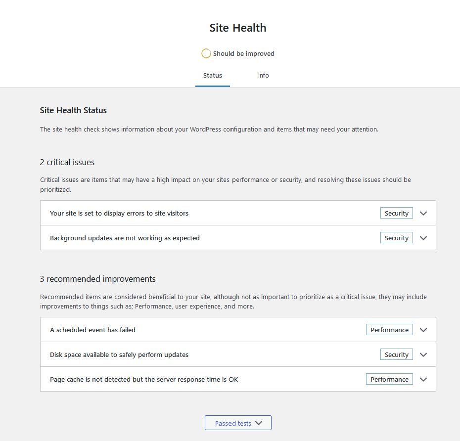 WordPress Site Health showing critical issues