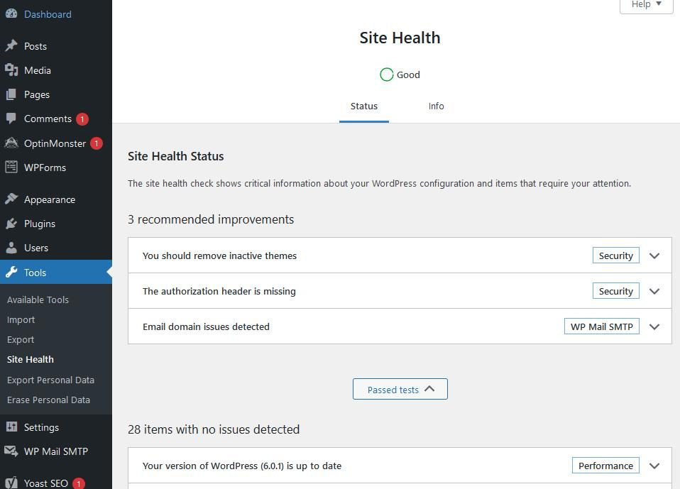 WordPress Site Health showing a good status