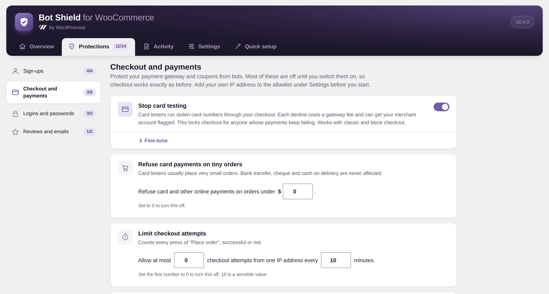 Checkout and payments protections with plain-English explanations and on/off switches